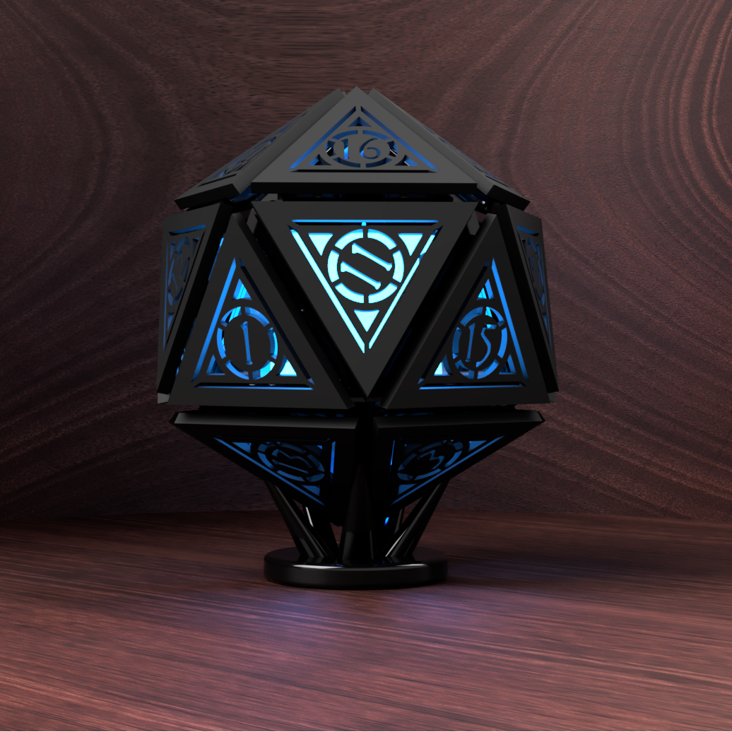 Geometric lamp with blue light on a wooden surface and background